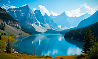 Fototapeta premium A breathtaking mountain lake scene with crystal clear turquoise water reflecting the majestic snow-capped peaks and lush green forests under a bright blue sky.