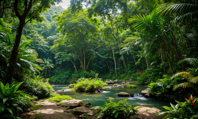 Lush jungle scenery with a vibrant green canopy and a clear river cascading over rocks. Sunlight filters through the dense foliage, creating a serene and peaceful natural environment.