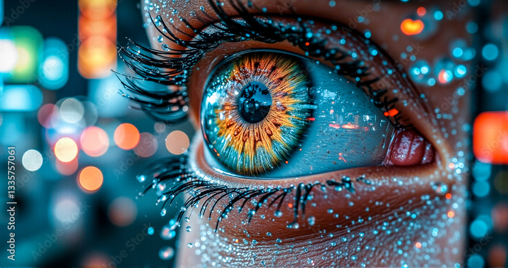 Fototapete Detailed macro of an eye capturing a blue and orange iris. Sparkling dust highlights lashes and skin. Blurred city lights create a bokeh effect in the background.
