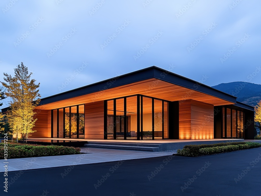 Poster modern architectural building illuminated at dusk with surrounding nature