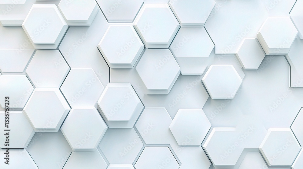 Poster hexagonal elegance: a pristine, abstract design featuring a collection of meticulously arranged whit