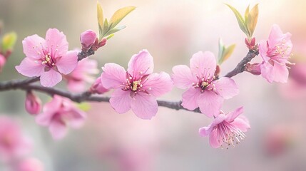 Obraz premium Peach Blossoms in Spring: Delicate pink peach blossoms in full bloom, adorned with vibrant green leaves, bathed in soft, natural light.