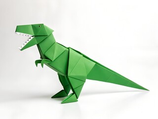 Green Origami Dinosaur Figure on Solid White Background in Side Profile View