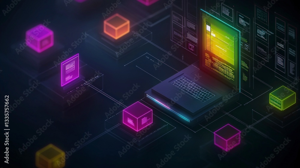 Poster ai powered web design isometric concept neon cubes laptop code data