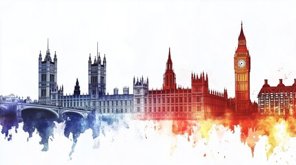 Obraz premium Colorful watercolor London skyline featuring Big Ben and the Houses of Parliament in a detailed vector illustration. Flat 2D design with simple lines and minimalistic style on a white background.