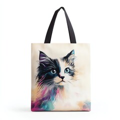 Colorful tote bag featuring a beautiful artistic cat portrait, perfect for animal lovers and stylish outings.