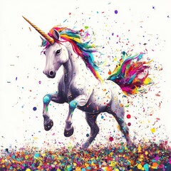 Colorful unicorn surrounded by vibrant splashes of paint, embodying fantasy and joy in a whimsical scene.