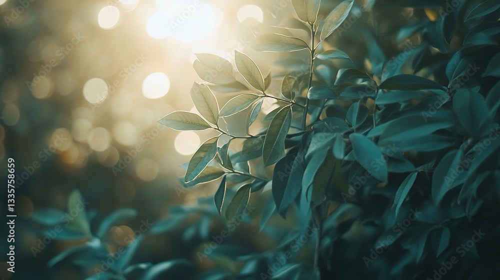 Poster sunlit foliage: capture the essence of nature, showcasing sunlit leaves with soft bokeh. emphasizing