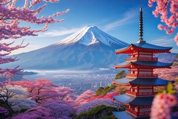 Panorama of Mount Fuji from a Scenic Viewpoint with Flourishing Blooms and Bright Spring Colors