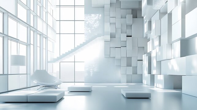 Contemporary interior space with floating dimensional square panels creating an artistic digital effect with a futuristic touch