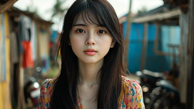 Young woman stands confidently in vibrant clothing amid colorful shacks in a tropical village during daytime