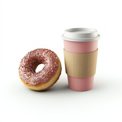 Delicious pink frosted donut next to a coffee cup, perfect for breakfast or a sweet snack.
