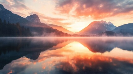 Serene Sunrise Lake: A breathtaking sunrise paints the sky with vibrant hues of orange and pink, reflecting majestically on the still waters of a pristine mountain lake.
