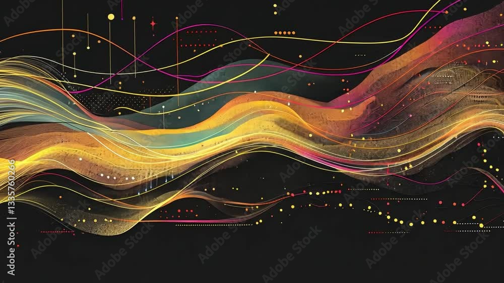 Poster vibrant abstract digital artwork with colorful waves and dynamic lines against dark background creat