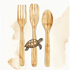 Eco-friendly bamboo utensils featuring a cute turtle design, perfect for sustainable dining.
