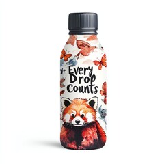 Eco-friendly bottle featuring a red panda and butterflies, promoting conservation with the phrase 'Every Drop Counts.'