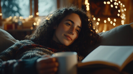 Cozy Woman Reading in a Cabin with Fireplace and Snowy Forest View