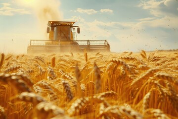 Vibrant Image of Ripe Wheat Cutting with Heavy Machinery Outdoors