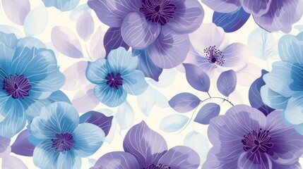 A seamless floral pattern featuring elegant blue and purple flowers with delicate leaves, creating a soft and stylish botanical design for textiles and wallpapers.

