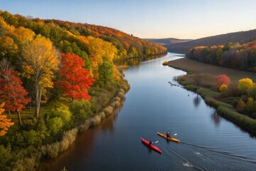 Aerial shot of two kayakers paddling along a river on a sunny autumn day