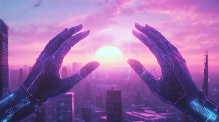 Metallic Hands Cupping a Glowing Object Above City Buildings