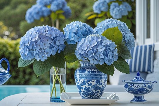 Refreshing Coastal Design Featuring Flourishing Blue Hydrangeas