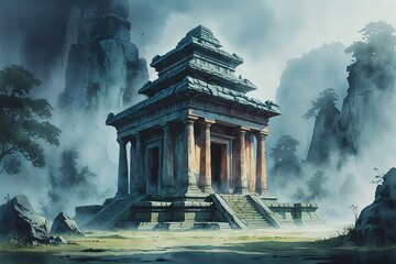 Watercolored Depiction of an Ancient Temple in a Mystical Foggy Environment