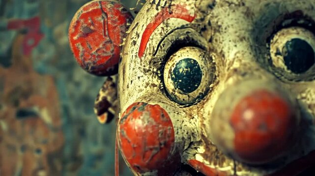Vintage clown figurine with weathered paint and an eerie expression in an abandoned fairground