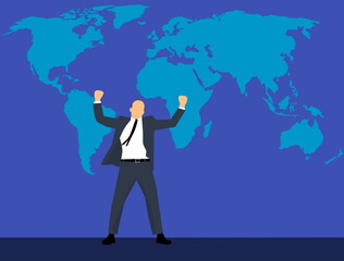 businessman leading in powerful stance against map of the world