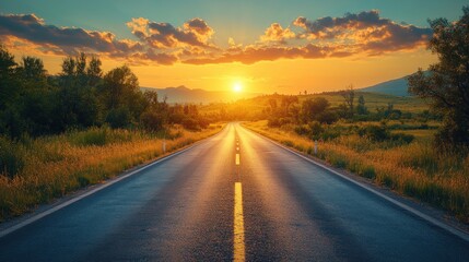 Naklejka premium Sunset Road Trip: Golden Hour on the Open Road