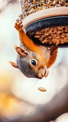 Obraz premium Upside Down Red Squirrel at Bird Feeder