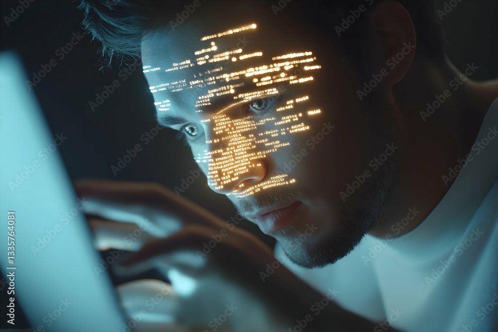 Poster a close-up of a man focused on a device, with digital data patterns illuminating his face, symbolizi
