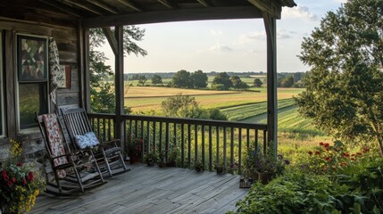 Fototapeta premium A comfortable porch overlooking a rural landscape with trees