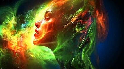 Woman's profile illuminated by vibrant colors representing creativity and passion in an abstract visual representation
