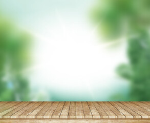 background wood platform with blur bokeh 