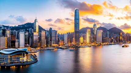 Obraz premium Vibrant City Skyline at Sunset Over Harbor