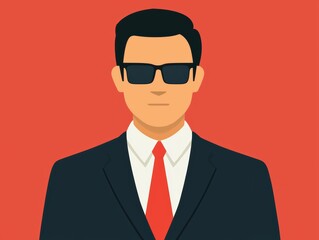 flat design illustration of confident business executive wearing sunglasses, suit, and red tie on red background