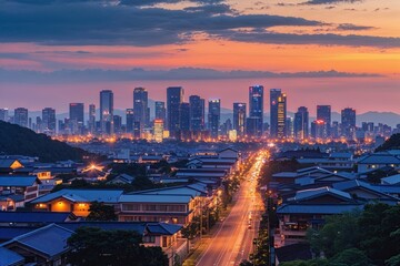 Lively Evening Panorama of Sendai Town Skyline with Warm Hues