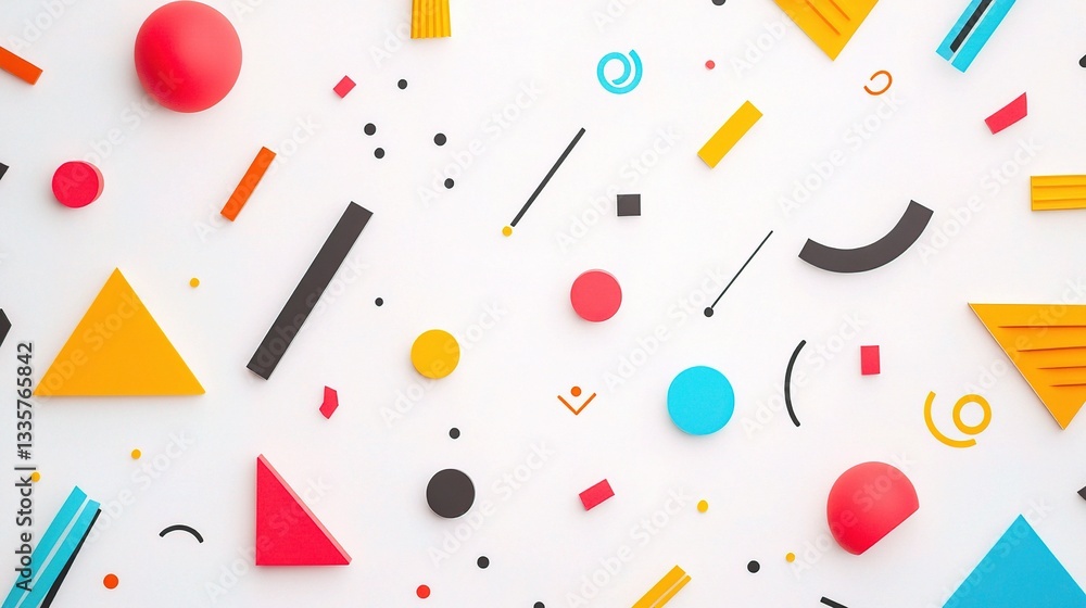 Poster Abstract Shapes Composition: An abstract design filled with geometric shapes, forming a colorful and vibrant composition, creating a playful, visually rich image.