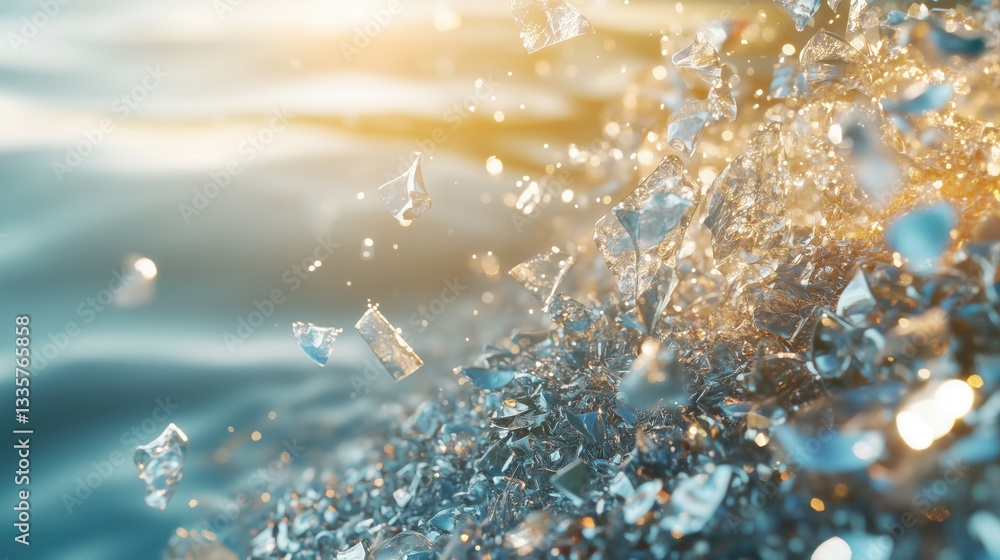 Poster fragments of sparkling crystals in dynamic motion, illuminated by golden light. transparent shards c