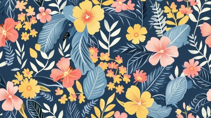 A seamless floral pattern with hand-drawn flowers, blossoms, leaves, and doodle animals, creating a charming nature-inspired design for wallpapers, greeting cards, and wedding invitations.

