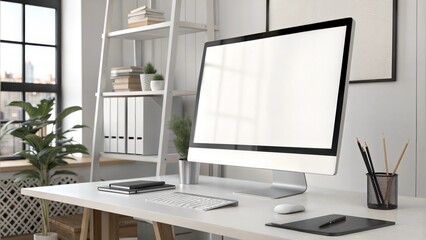 Mockup of a Desktop Computer with White Screen in Studio Office