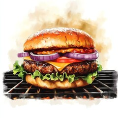 Succulent hamburger with fresh ingredients sizzling on the grill, perfect for food lovers and BBQ enthusiasts.