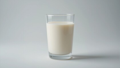 A tall glass of fresh, creamy milk sits on a plain white background providing a clean and simple image perfect for dairy product advertising or health-related content.