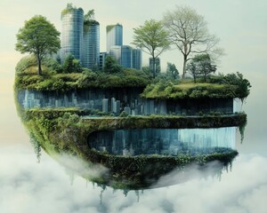 Fototapeta premium Floating Eco-Friendly City Surrounded by Lush Nature and Clouds
