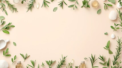 Herbal frame with essential oils and copy space.