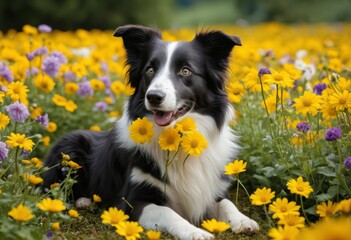 Fototapeta premium There's a dog lying in the grass with flowers