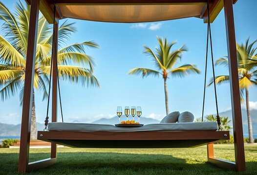 Luxurious beachside retreat with a floating daybed and tropical vibes