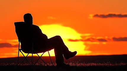 Obraz premium Silhouette of a man relaxing in a chair during a vibrant sunset.