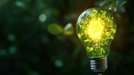 Eco-Friendly Idea: A luminous light bulb bursts with vitality, encapsulating a vibrant display of green leaves to symbolize eco-consciousness and sustainable innovation.